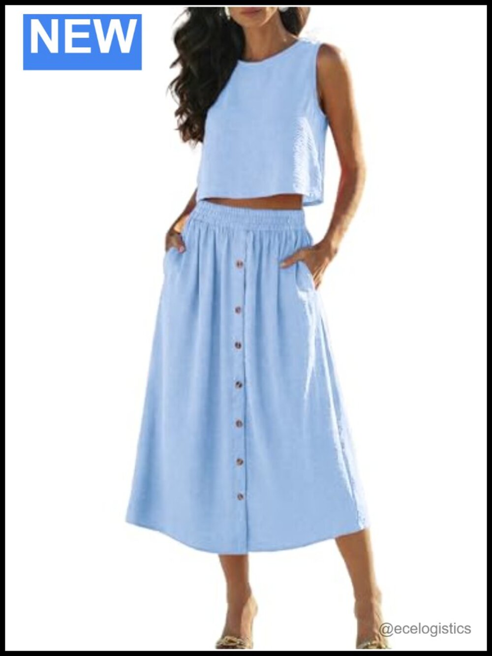 Women's 2 Piece Skirt Set Sleeveless Tank Midi Skirt with Pockets Faux Linen